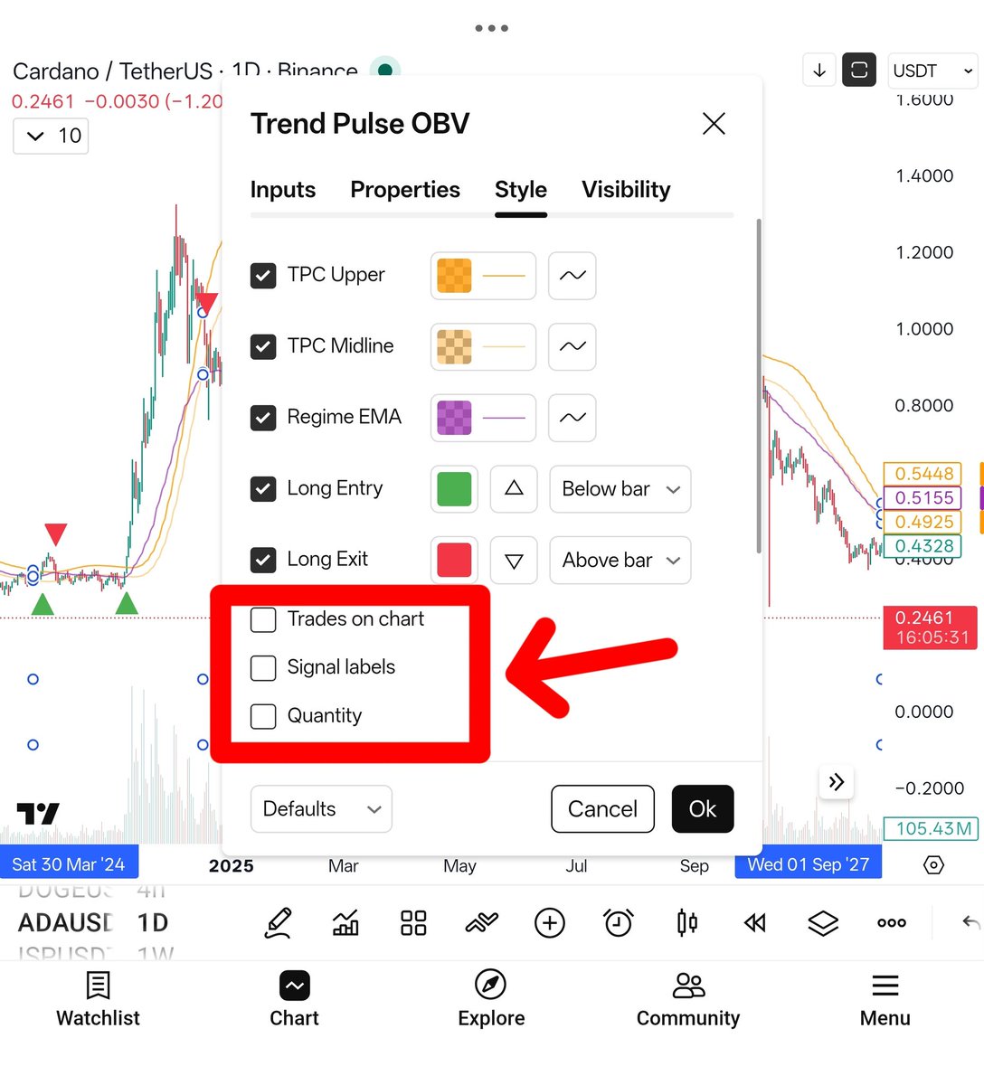 Youae12's tweet photo. #Tradingview
المؤشر الجديد الذي عملته  إستراتيجية : Trend Pulse OBV 
يدعم الأسهم وقوي للعملات الرقمية. 
المؤشر مجاني للجميع وبأذن الله تكون له منفعه.
مبنى على إختراق المؤشرات الثلاثة والمدعومه بتدفق الحجم OBV.
 الدخول أثناء إرتفاع السهم او العملة Long Only. 
طريقة عملة:  
الدخول عندما يخترق  السعر  لأعلى الحد العلوي للقناة Tpcupper  وفلتر الإتجاه العام RegimeMA.
الخروج: إذا أغلق السعر تحت الخط البنفسجي RegimeMA.
- يعمل على جميع الفريمات. 
لتقليل التشويش في الاندكيتر  تدخل الاعدادات ثم  ازالة الاختيارات من المربعات الثلاثة كما في الصورة.
لا أتحمل أي قرار تتخذه شخصيا في الشراء أو البيع.
 
https://t.co/DC2Kr2bJZO 

 #التحليل_الفني #السوق_الأمريكي #تداول_الاسهم