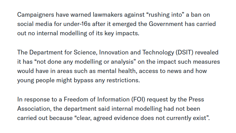owenboswarva's tweet image. UK Government has carried out no modelling on under-16 social media ban impacts uk.finance.yahoo.com/news/governmen… PA story based on #FOI response from DSIT

#socialmediaban #censorship #childrights #openweb #techpolicy