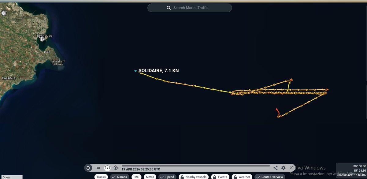 TrafficoNaviOnc's tweet image. 19.04.2026 #Solidaire naviga verso la costa siciliana dopo l'esercitazioni. strano in  rientro in porto, forse non vuole disturbare la life support oppure è un diversivo per poi andare nelle pescose acque libiche?