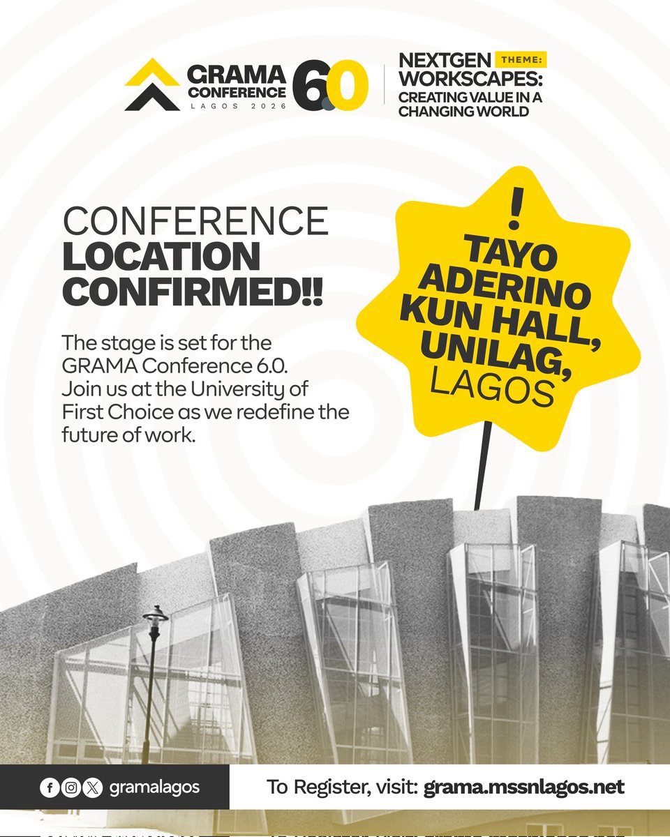 VENUE CONFIRMED! 🎉

GRAMA 6.0 is at Tayo Aderinokun Hall, UNILAG, Lagos.

The stage is set. Are you?

🗓️ May 2 | 8 AM
🔗 grama.mssnlagos.net

#GRAMA6 #UNILAG #Lagos