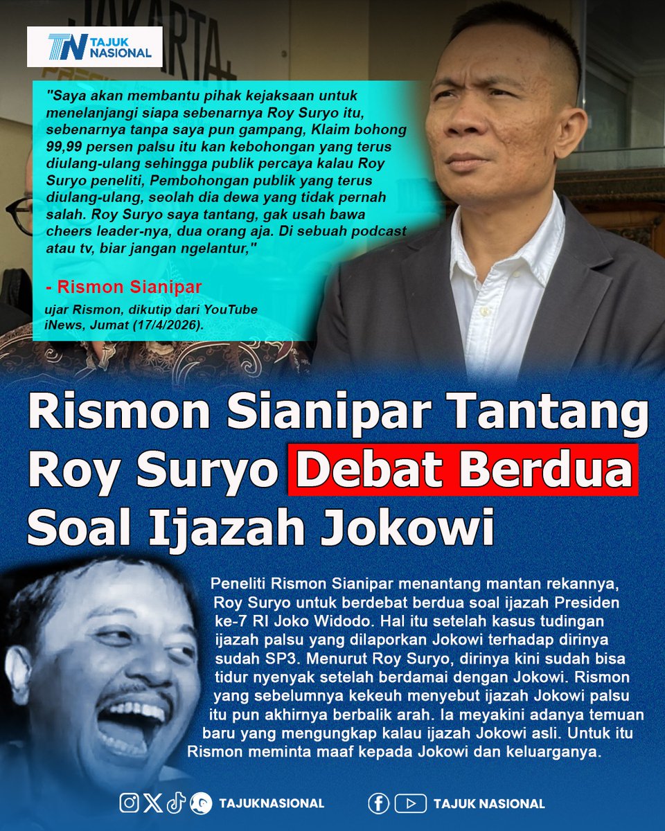 Rismon Sianipar tantang Roy Suryo debat berdua soal Ijazah Jokowi.

Follow here:
Linktr.ee/tajuknasional

Join Channel WhatsApp kami:
bit.ly/TajukNasional

#rismonsianipar #roysuryo