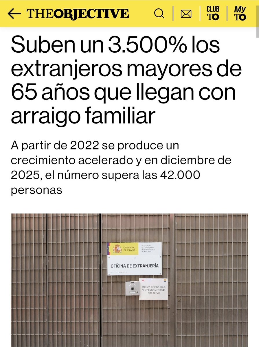 EL CAOS DE LA INMIGRACIÓN 

😱😱 GRAVÍSIMO: Suben un ‼️3.500%‼️ los extranjeros mayores de 65 años que llegan por arraigo familiar.

¿¿Cómo se van a pagar esas pensiones y esa sanidad??

 theobjective.com/sociedad/2026-…