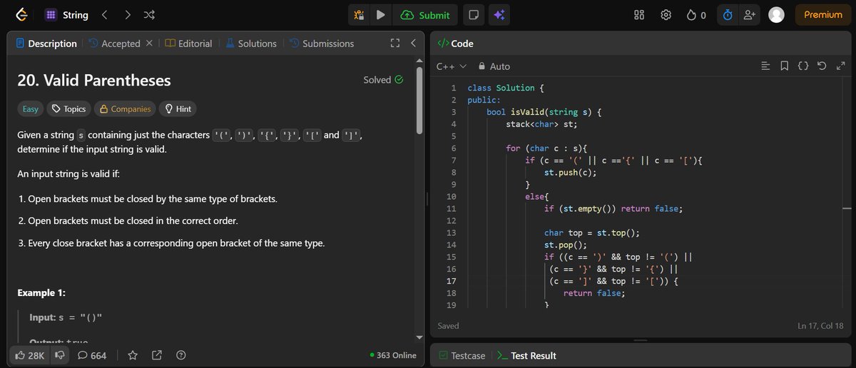 Khande98283Diya's tweet image. DAY 70 done.
Today’s grind: Anagrams, Window &amp;amp; Stack 🔥
438. Find All Anagrams in a String
20. Valid Parentheses
424. Longest Repeating Character Replacement
Leveling up slowly 💻
Consistency &amp;gt;&amp;gt;&amp;gt; Motivation
#DAY70 #DSA #LeetCode #DailyProgress