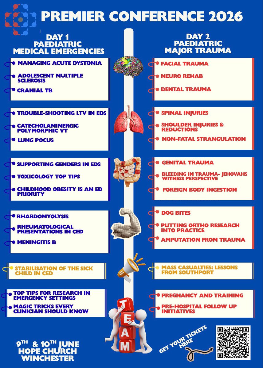 PremierWessex's tweet photo. Are you an EM consultant wanting to brush up on some paediatric CPD relevant to your EM practice? Are you a resident doctor in EM wanting to build up your SLO5 evidence? Join us in Winchester on 9th and 10th June 2026 for our jam packed conference! #Emergencymedicine #PEM https://t.co/yAnQYARWnx