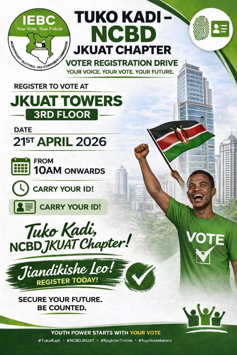 This Tuesday <a href="/IEBCKenya/">IEBC</a> will be stationed at my school at JKUAT Towers popularly known as ICEA building along Kenyatta Avenue from 10am to register voters. Even if you are not a student here you are welcome to do your civic duty. See you on Tuesday in numbers. #NikoKadi