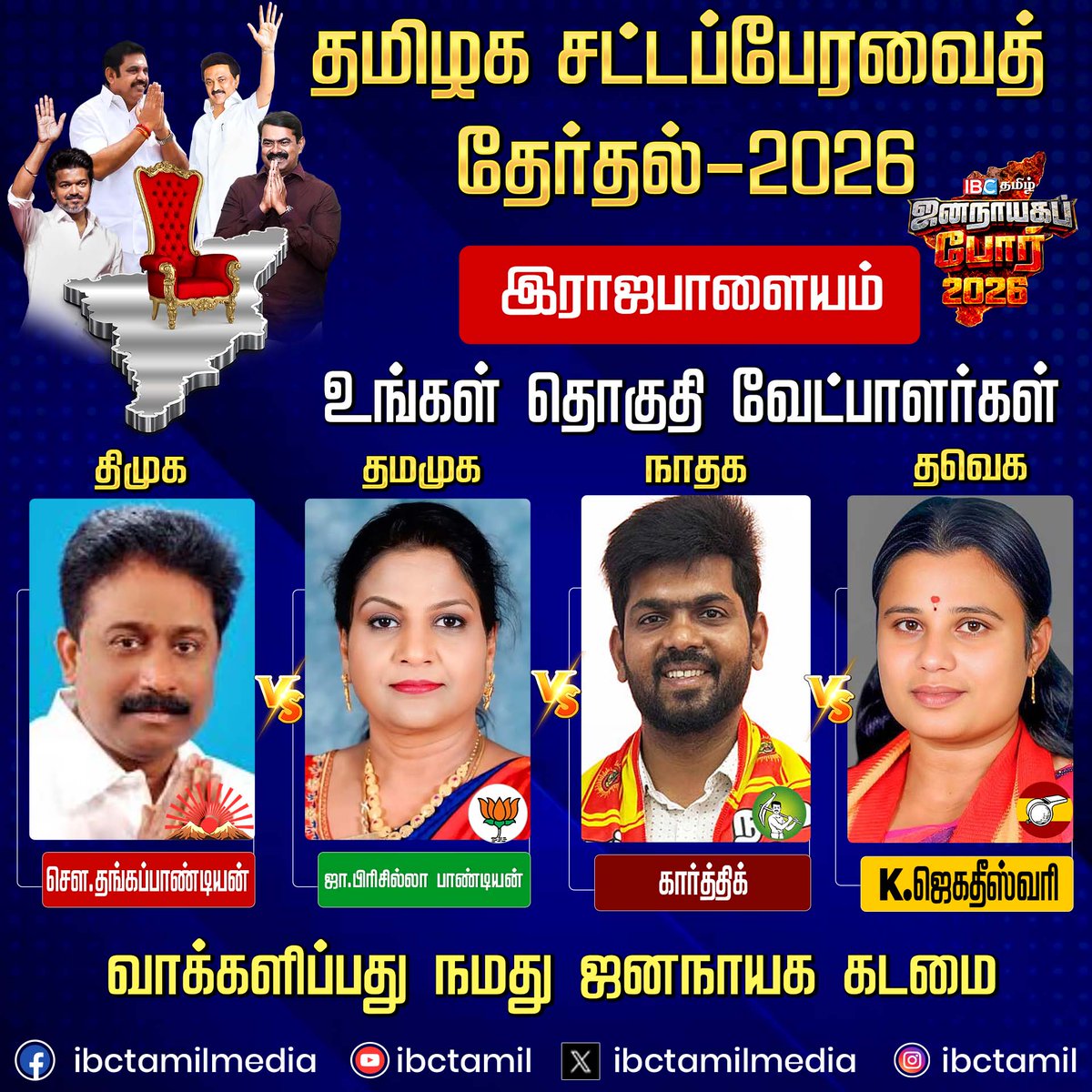 ibctamilmedia's tweet image. இராஜபாளையம் சட்டமன்ற தொகுதி வேட்பாளர்கள் | Election 2026 | DMK | ADMK | TVK | NTK | IBC Tamil
#Rajapalayam  #election2026 #candidate #ibctamil