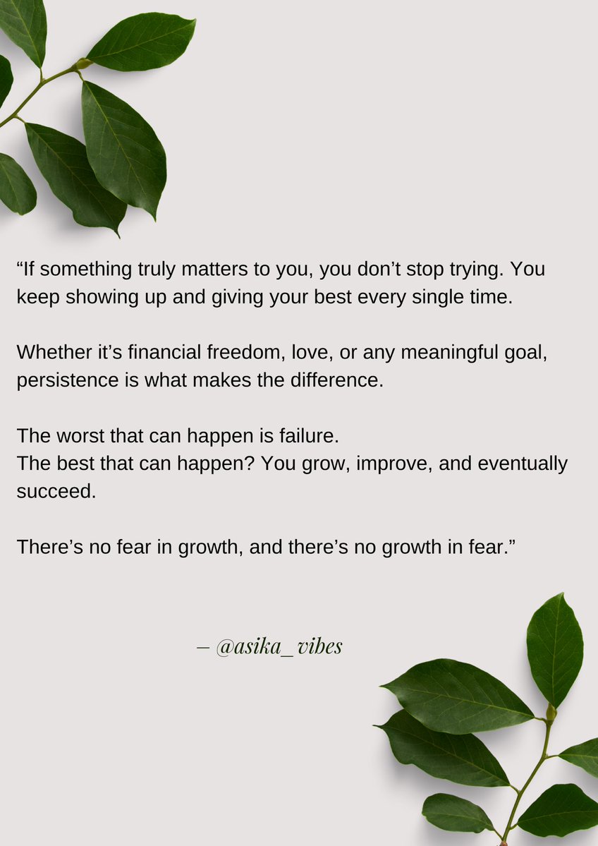 asika_vibes's tweet image. There’s no fear in growth and there’s no growth in fear.

#DisciplineWins
#StayPersistent
#FearlessGrowth
#KeepPushing
#SuccessMindset