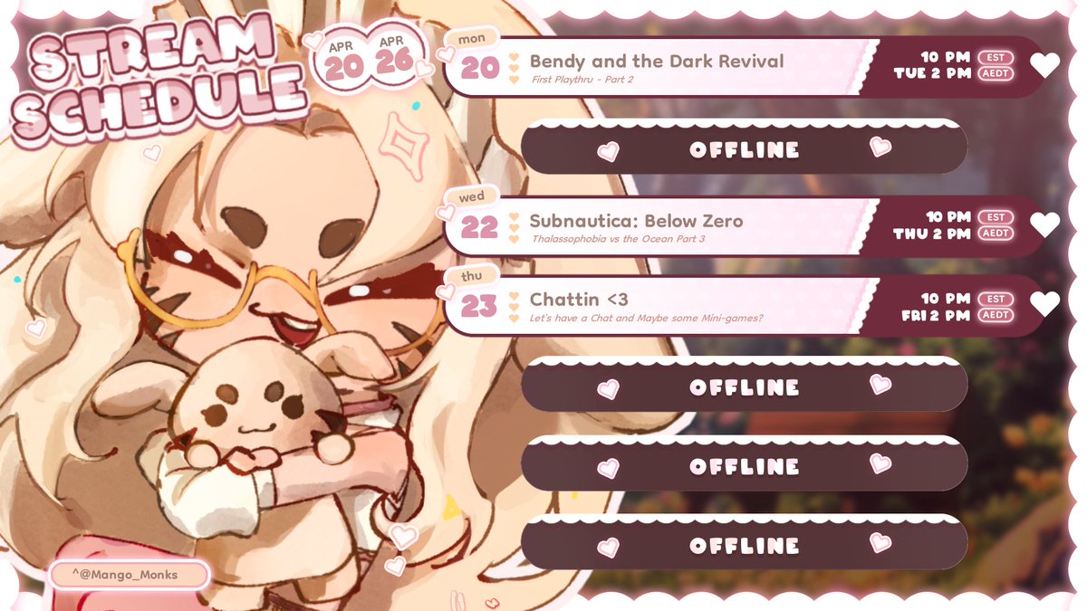 BubbleBeeLucy's tweet photo. Stream Schedule 20/4 - 26/4 EST ~ 21/3 - 27/4 AEDT
♡ Dual Streaming Twitch and YT!! ♡
#vtuber #ENVtubers #ausvtuber
(gonna be out of state for a wedding) https://t.co/hFWyZ5hVFW