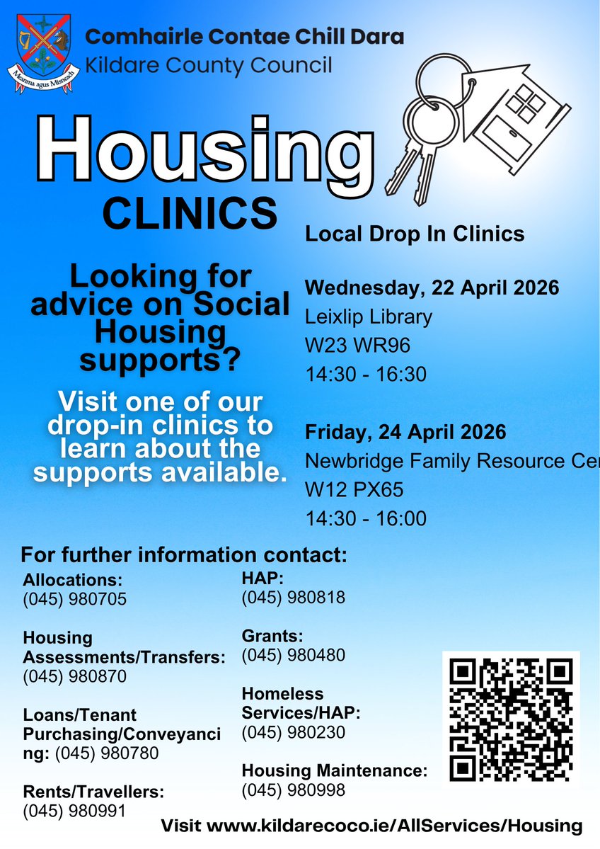 KildareCoCo's tweet image. Are you looking for advice on Social Housing Supports? 

Visit our drop in clinics in Leixlip Library or Newbridge Family Resource Centre

#Kildare #YourCouncil #HousingSupports