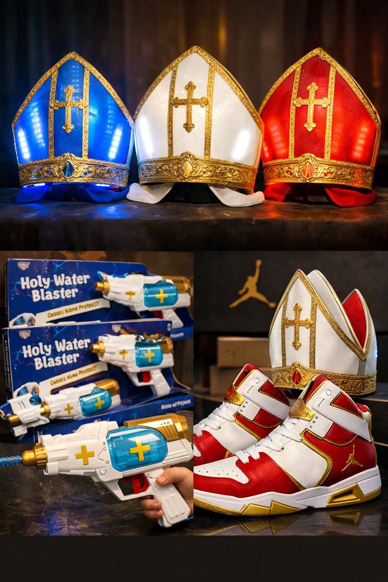 TJTober's tweet photo. pope hats with built in led lights so they glow at night, holy water squirt guns for the kids, and limited edition mitre-shaped air jordans. Limited supply, billions have already been sold!! @Pontifex @VaticanNews @realDonaldTrump https://t.co/LbLD2ILC7H