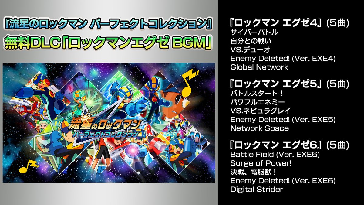 【4月23日配信】
『流星のロックマン パーフェクトコレクション』の無料DLC「ロックマンエグゼ BGM」楽曲リスト公開！(その2)

『ロックマン エグゼ4』(5曲)
サイバーバトル
自分との戦い
VS.デューオ
Enemy Deleted! (Ver. EXE4)
Global Network

『ロックマン エグゼ5』(5曲)
バトルスタート！