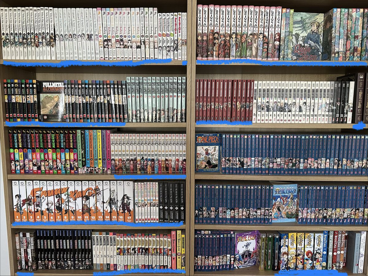 TheHomecastle's tweet photo. @schuld3157 These are almost all the Manga I own. I marked all the series i pirated before buying with blue. The ones not in blue I read on „Manga Plus“ and „K Manga“, or in the case of One Piece and Soul Eater, bought them in a book store 20 years ago. https://t.co/V2p27Uw1hF