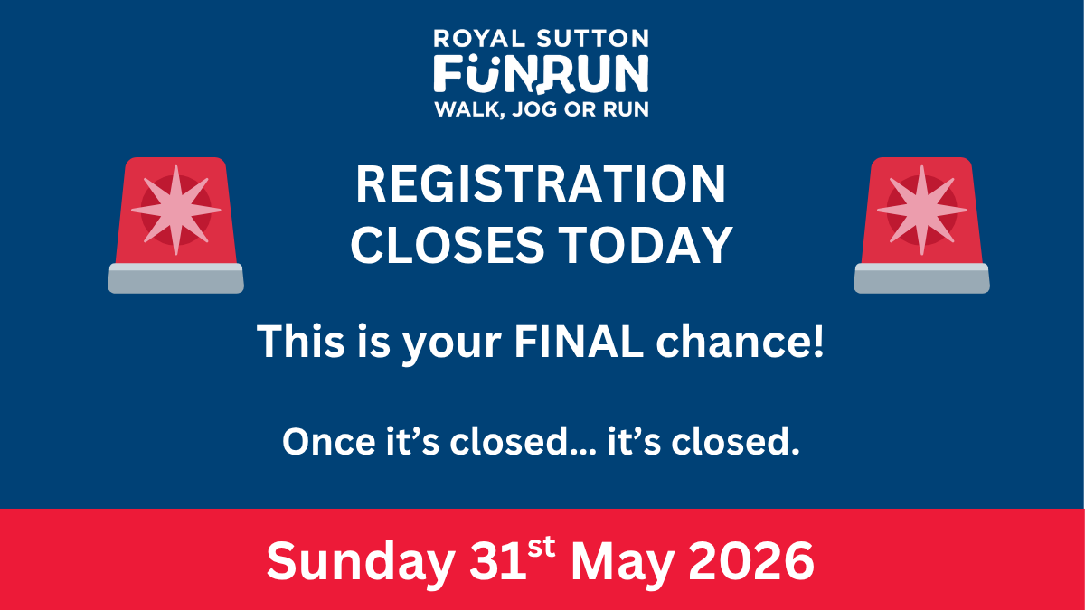 suttonfunrun's tweet photo. LAST CHANCE

Royal Sutton Fun Run registration closes TODAY - or when we hit capacity.

This is your final opportunity to be part of it.

Sign up now at https://t.co/KweYijEiva

#FinalCall #FunRun https://t.co/AXluIcpRnD