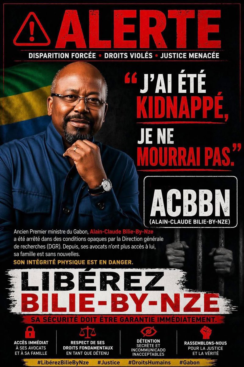 nelly_ngabima's tweet image. 🚨 URGENT : 

Le président ACBBN subit des sévices corporels. 
Il n’est pas actuellement à la prison centrale, mais détenu dans un lieu secret. 
Situation extrêmement préoccupante.

 #Gabon

 #DroitsHumains #Politique