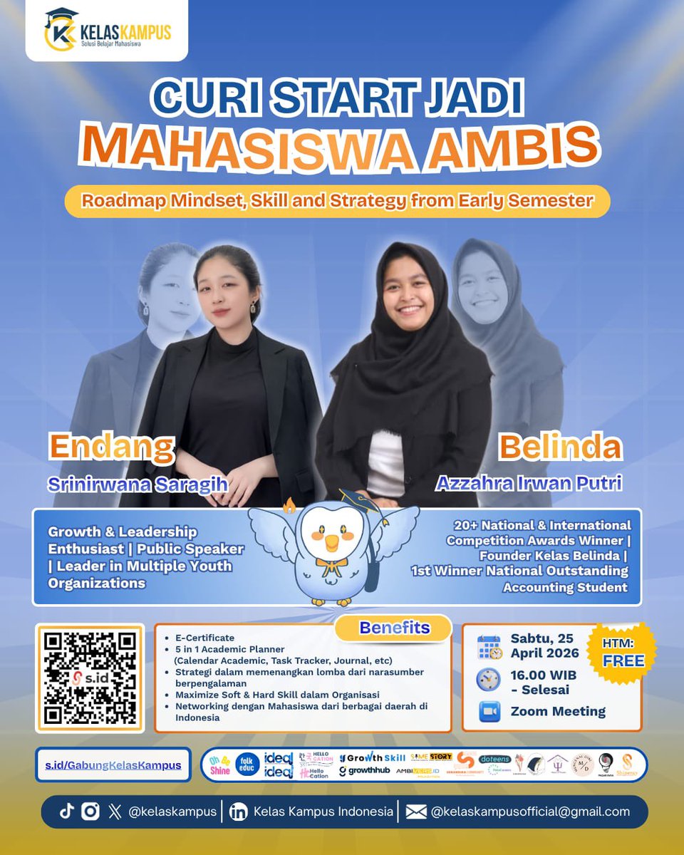 KelasKampus's tweet image. 🚨 WEBINAR ALERT 🚨
So, kamu masih bingung harus fokus akademik dulu atau organisasi? 
Perlu ikut lomba? Networking mulai kapan?

Tenang, semua bakal dikupas tuntas di sini 👇
📅 Sabtu, 25 April 2026 | 16.00 WIB 
💡 s.id/GabungKelasKam…

#PejuangPTN #webinar #maba #UTBK #SNBT