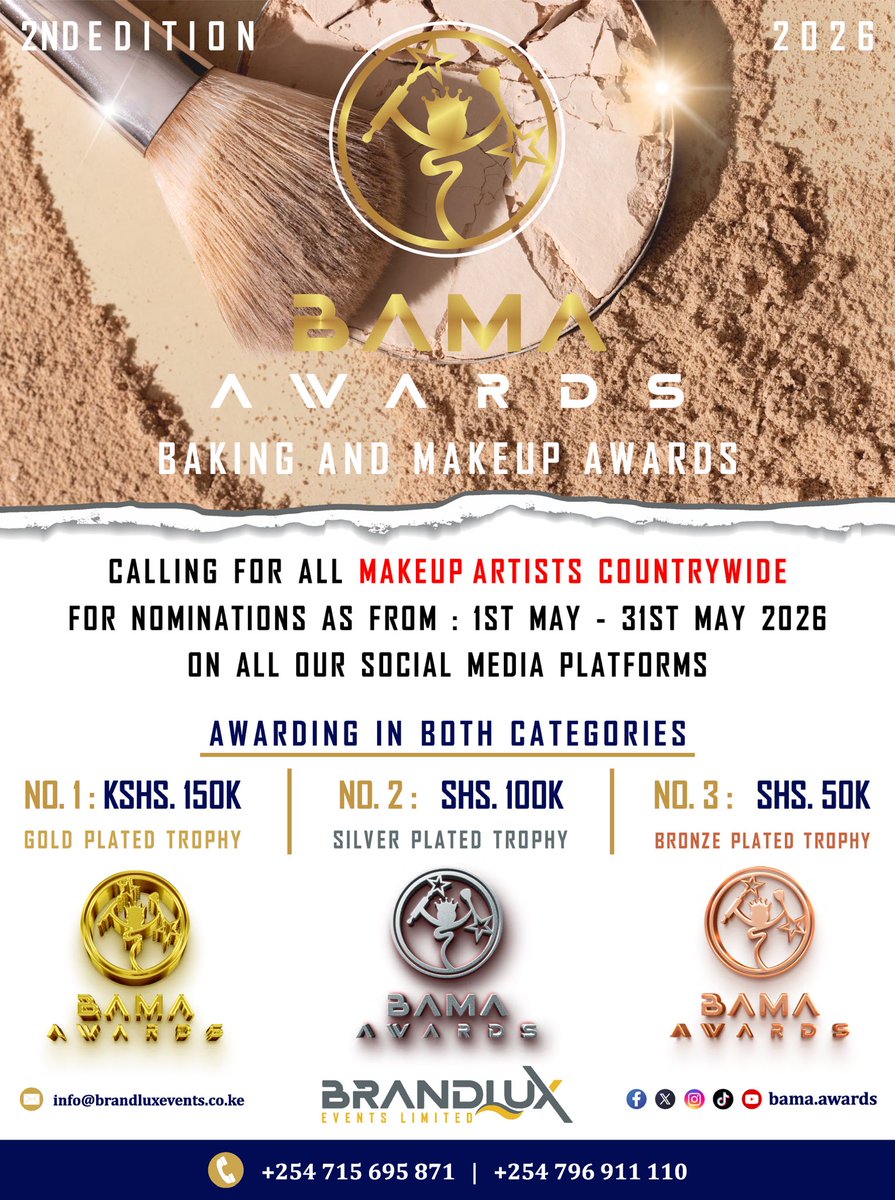 bamaawards's tweet photo. CALLING for MAKEUP ARTISTS COUNTRYWIDE for NOMINATIONS as from 1st May - 31st May 2026.
On all our social media platforms. NOMINATE yourself or your favorite ARTIST by tagging their social media profiles ( them ) on the comments section…
BAMA AWARDS ( Baking and Makeup Awards ). https://t.co/zbSxKjWvQH
