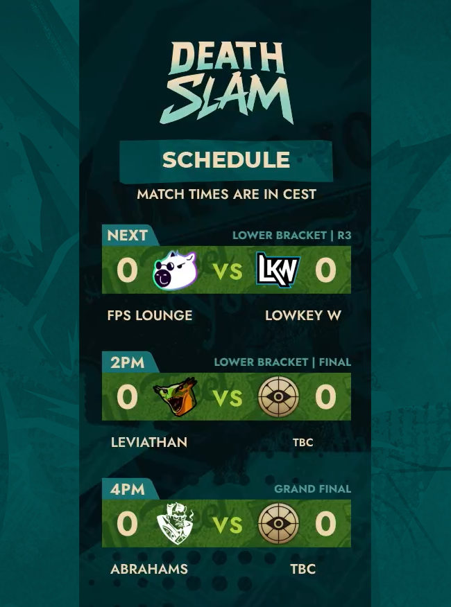 DeathSlamEvents's tweet photo. Day 2 starts NOW! Death Slam EU Invitational wraps up today. @Abrahams_DL from the upper bracket, will someone topple them?

@fpslounge_ and Lowkey W starting us off, with Leviathan on deck. Live now! https://t.co/4lkvhYzhud