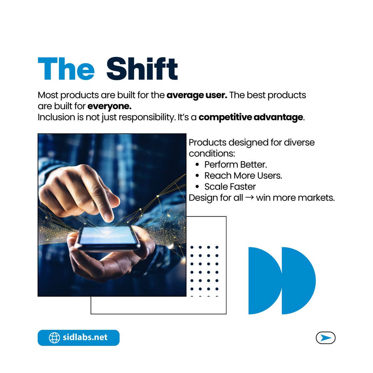 sidlabsllp's tweet image. Inclusive design isn’t a feature.
It’s a competitive edge.

Products that work for more people scale faster, retain better, and perform stronger.

Build for all—not just the average.
#InclusiveDesign #Accessibility