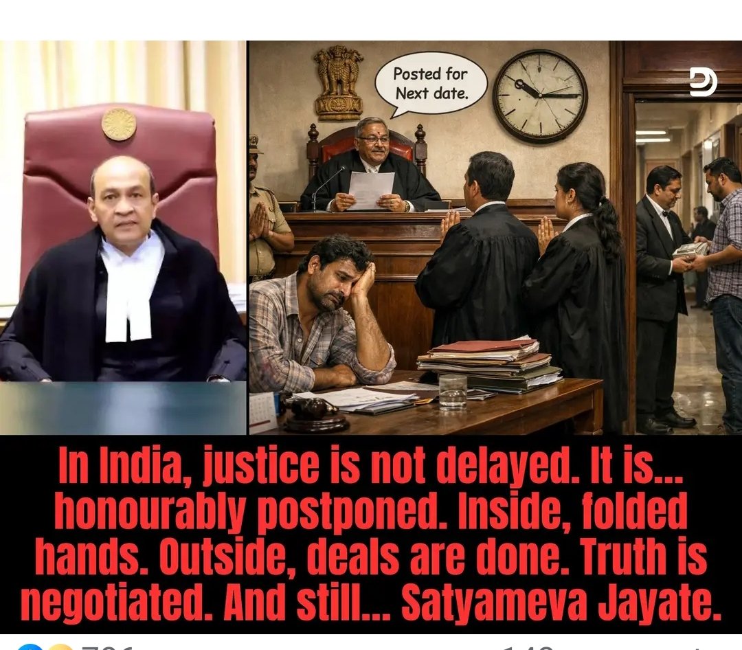 Justice?
Optional.

If you are rich…
Your case moves.

If you are poor…
Believe in rebirth.

You might get justice next life.

Justice in India by Judiciary behave with Poor people &amp; REAL MEN

Like.... FCUK FCUKA FCUK
