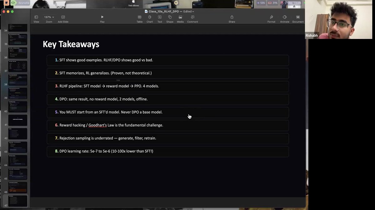 aRAndoMtechbro's tweet image. Just watched the Week 14 class of AI/ML #100Devs bootcamp 1.0  by @rishabh10x .

The lecture was about fine tuning , it is third lecture on fine tuning. 

Key Learnings :

 =&amp;gt;Reinforcement Learning for LLMs.
 =&amp;gt; Learned about how  instead of human feedback we use a reward model