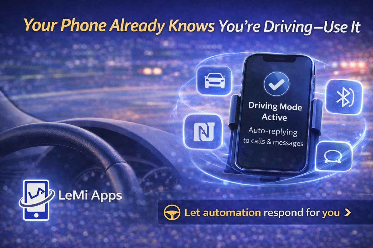 LeMiApps's tweet photo. Your phone already knows you’re driving.
Smart triggers like Bluetooth activate auto-replies, while you focus on the road.
Let automation reply for you.
https://t.co/i8NhXmHHeu

#SafeDriving #AutoReply #HandsFree #DrivingSafety #AndroidApps #SmartTech #Productivity #LeMiApps https://t.co/YJf3iEjIHB
