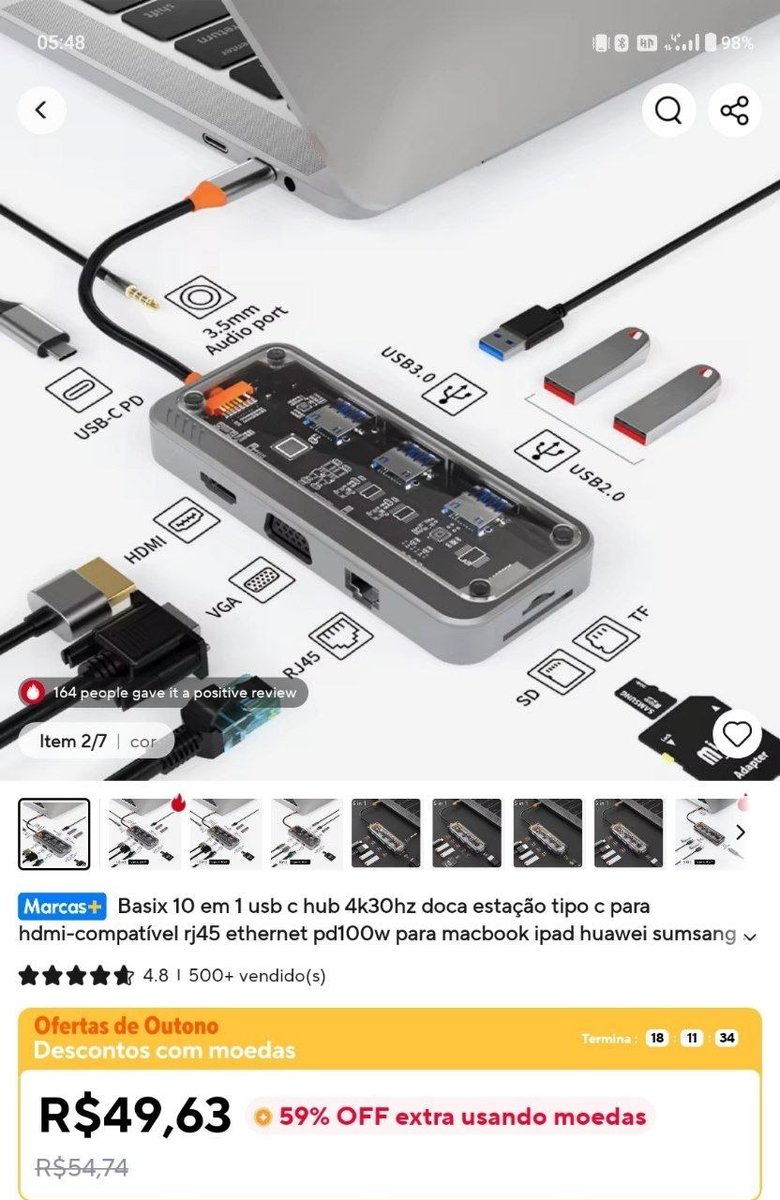pechinchaaliexe's tweet image. Basix 10 em 1 usb c hub 4k30hz doca estação tipo c para hdmi-compatível rj45 ethernet pd100w para macbook ipad huawei sumsang telefone

59% OFF MOEDAS NO APP

Link¹:
s.click.aliexpress.com/e/_c3k9JStb

Link²:
s.click.aliexpress.com/e/_c3z04muZ

#Brasil #descontos #promo #dicas #aliexpress