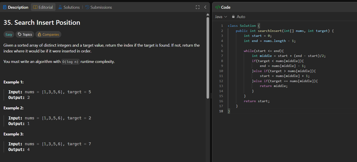 Harman_mehra55's tweet image. Just solved LeetCode 35: Search Insert Position 🔥
Used binary search to find the exact spot where the target belongs in a sorted array — even if it’s not present.
Clean O(log n) solution. Binary search never disappoints!
#LeetCode #DSA #BinarySearch #Coding