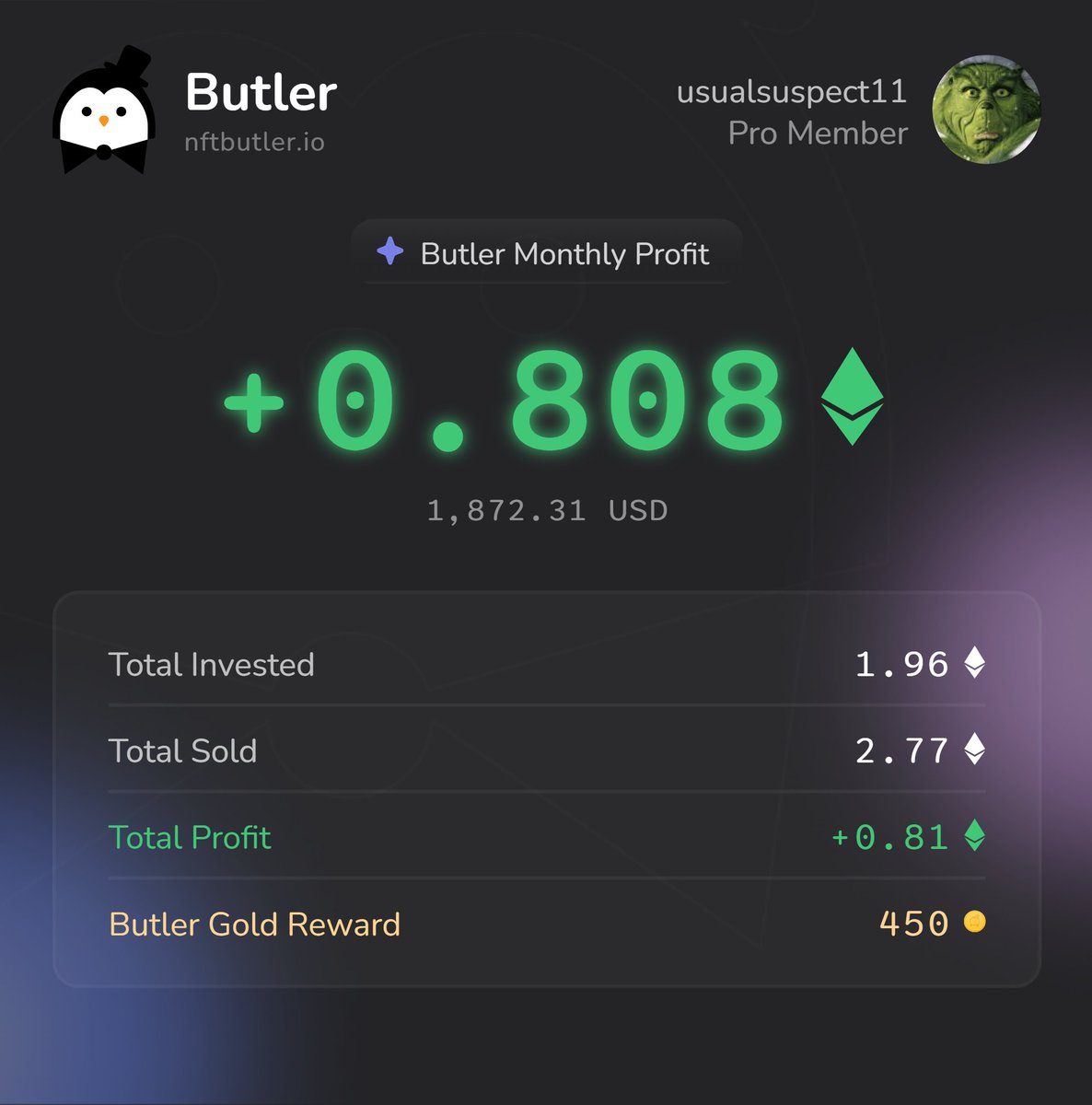ValentindDobro's tweet image. 0.808 Ξ in profit made in the last 19 days using @nftbutler 💰📈

Sharing on X to grab my extra 450 Butler Gold 🟠
Bidding’s a breeze with NFT Butler in my arsenal!  🐧

#NFT #NFTCommunity #NFTButler

nftbutler.io