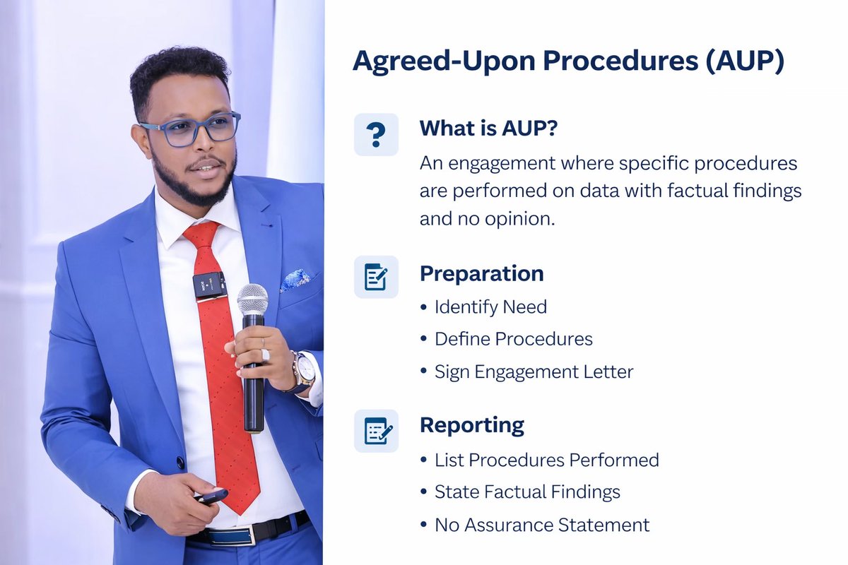 Husseinjesow's tweet image. “Understanding Agreed-Upon Procedures (AUP): Learn how specific procedures lead to factual findings, without providing an audit opinion. Essential for targeted financial insights! #AUP #Audit #FinancialReporting