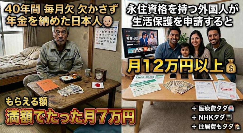 これ怒っていい？😡😡😡

40年間
毎月欠かさず年金を納めた日本人👴

もらえる額
満額でたった月7万円💴

永住資格を持つ外国人が
生活保護を申請すると
月12万円以上💰

しかも
医療費タダ🏥
NHKタダ📺
住居費もタダ🏠

40年間
真面目に払い続けた人が
月7万円でカツカツなのに