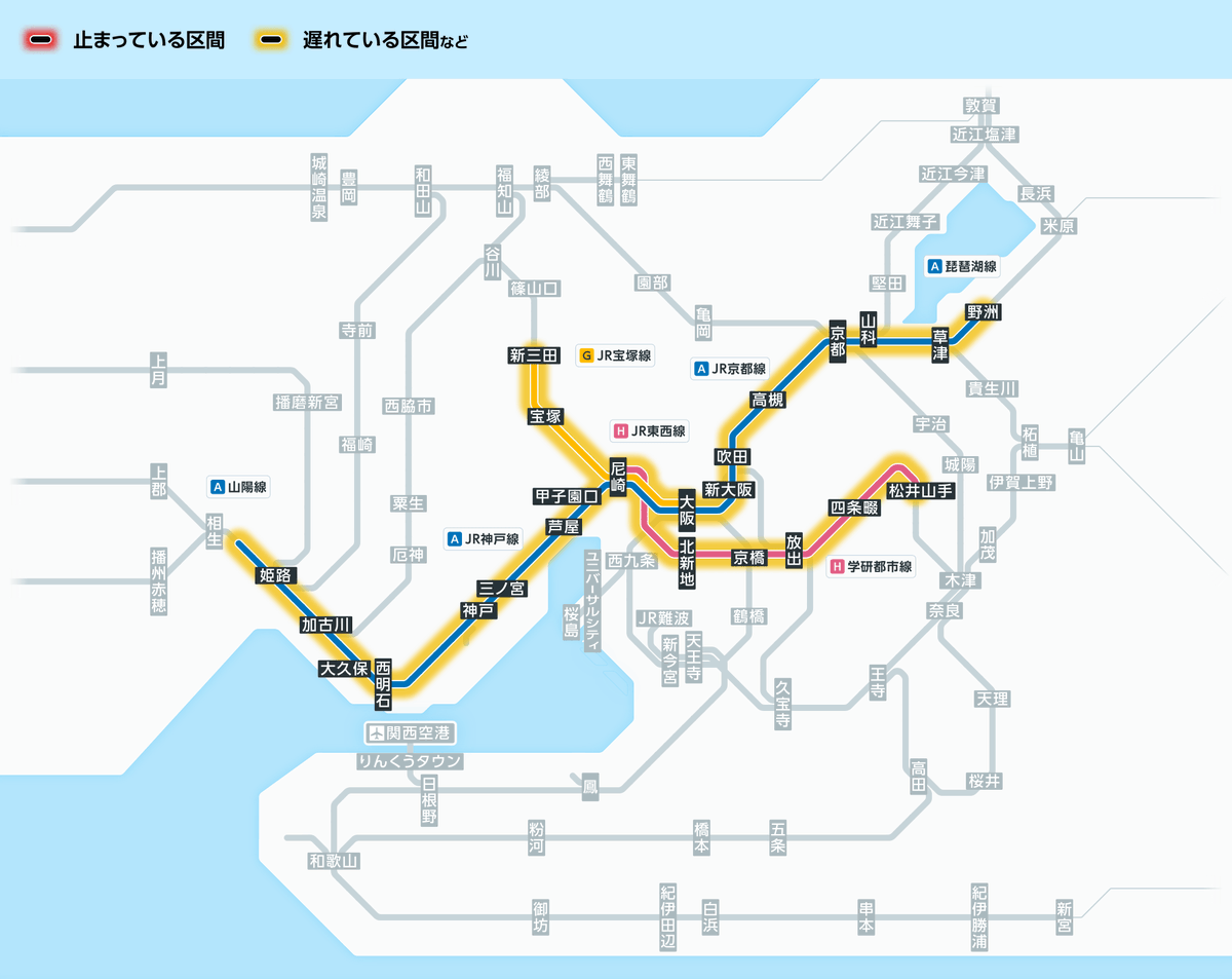 4月19日18時13分現在： JR神戸線で発生した線路内人立ち入りのため