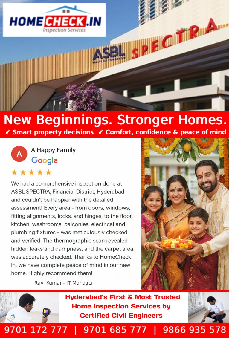 gethomecheck's tweet photo. 🏡✅ https://t.co/WR3tFtAjgy Successfully Completed at #ASBL #Spectra, #FinancialDistrict #Hyderabad! Another home inspected. Another family is moving into their dream home with confidence and peace of mind.  Book your inspection today: +91 9701 172 777 +91 9701 685 777 https://t.co/cPyEoC4DGv