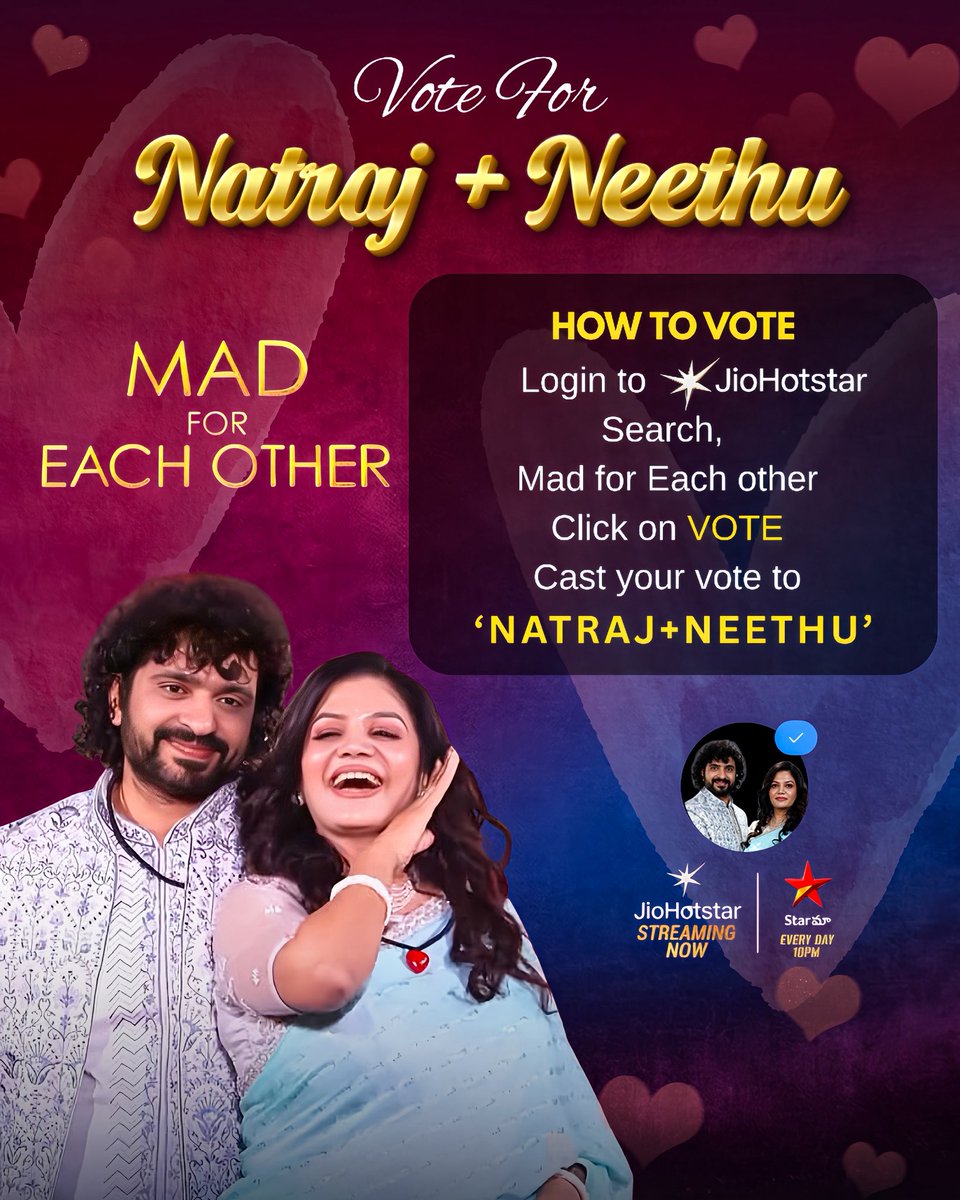NatrajNeethu's tweet photo. Every emotion, every effort, every moment… they gave their 100% ❤️🔥

Natraj &amp; Neethu are not just playing the game, they are living it with love, honesty, and pure dedication 💯

Let’s make them stronger in this journey!

Vote for Natraj + Neethu ❤️#MadForEachOther https://t.co/L99NaTRz9g