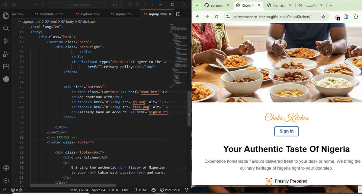 essesnceedrees's tweet image. 🚀 Just launched a new responsive restaurant landing page 🍽️
Built with HTML, CSS &amp;amp; JavaScript
Focus: clean UI, mobile-first design, and smooth user experience 📱
Live preview 👇
edreesessence-creator.github.io/ChuksKitchen/⁠�
Still leveling up as a frontend developer 💻🔥
Feedback is welcome!
#Web