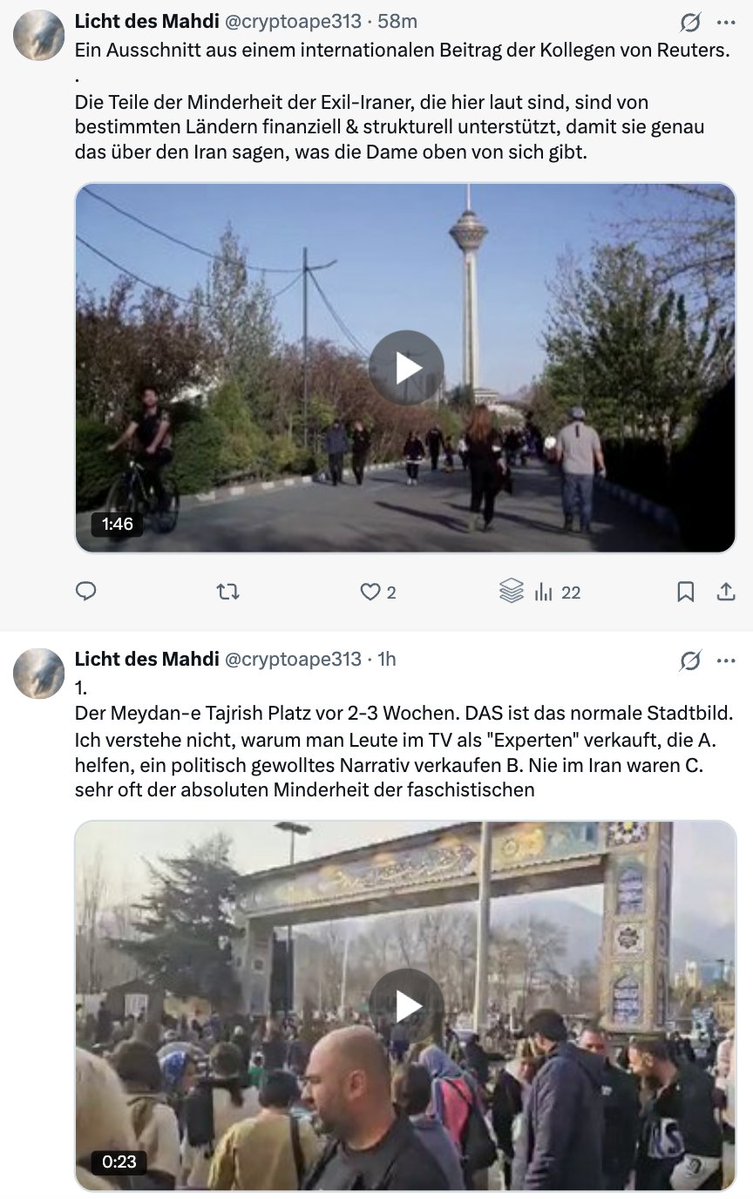 twittalisation's tweet image. Das folgende Konto im Screenshot zeigt exemplarisch, wie regimefreundliche #Propaganda-Profile arbeiten. 
Es taucht in den Kommentaren unter einem Beitrag des öffentlich‑rechtlichen Senders Phoenix @phoenix_de auf.

In Videos aus #Teheran wird ein vermeintlich „normales“