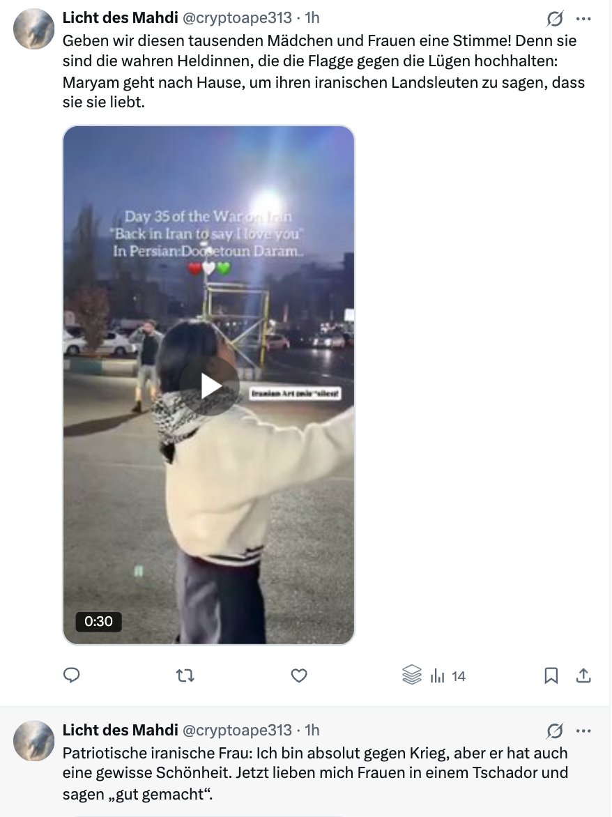 twittalisation's tweet image. Das folgende Konto im Screenshot zeigt exemplarisch, wie regimefreundliche #Propaganda-Profile arbeiten. 
Es taucht in den Kommentaren unter einem Beitrag des öffentlich‑rechtlichen Senders Phoenix @phoenix_de auf.

In Videos aus #Teheran wird ein vermeintlich „normales“