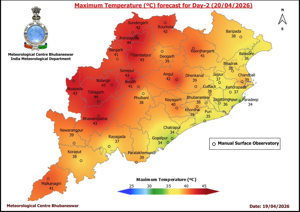 mcbbsr's tweet image. Maximum Temperature Forecast for next 5 days
#Odisha #hot #temperature