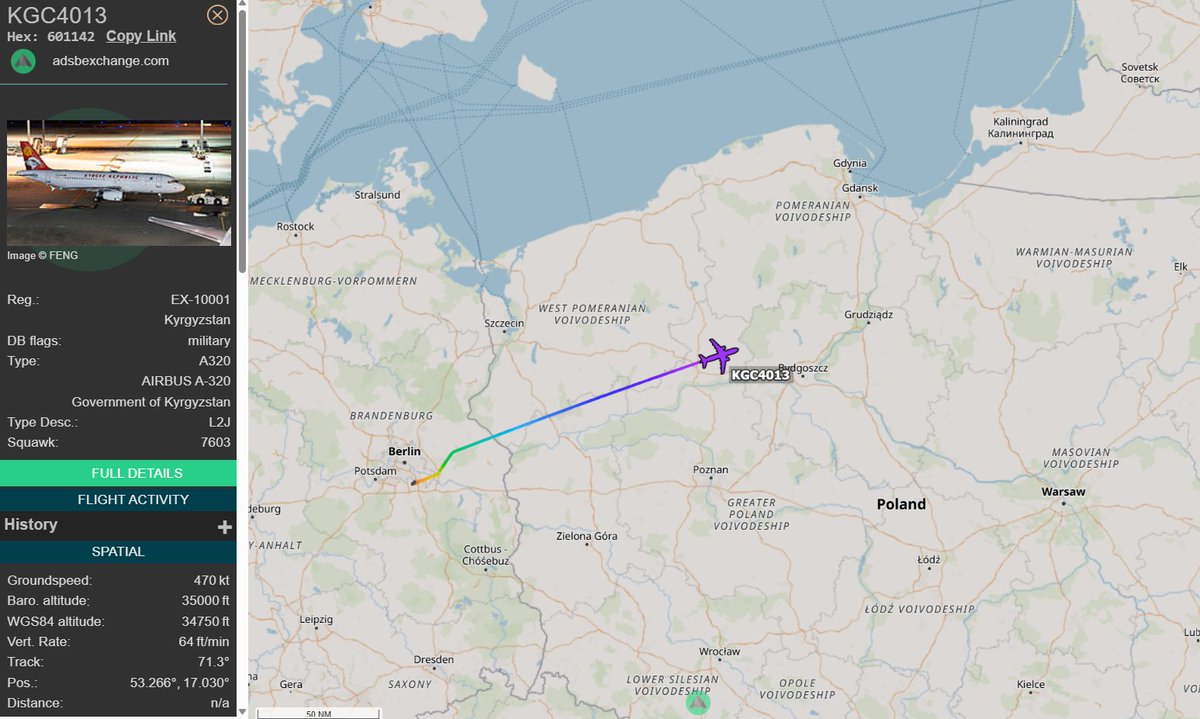 PolishMilRadar's tweet photo. 📅 19.04 🕒 11:24LT - 🇰🇬✈️ Airbus A320 tranzytem 🇷🇺

🇰🇬 Rząd Kirgistanu
✈️ Airbus A320-232 "EX-10001"
🛫 Berlin Brandenburg #EDDB 🇩🇪
🛬 Moskwa #UUWW 🇷🇺
#KGC4013 leci tranzytem na FL350
🔗 https://t.co/O03KQ4RhwJ

#POLMILRADAR https://t.co/rqfb0y6ASQ