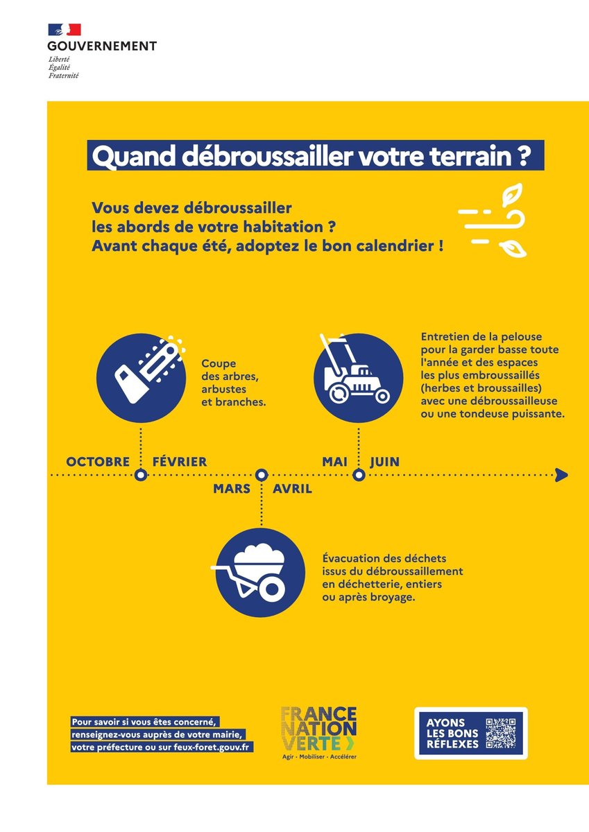 Prefet83's tweet image. #Prévention | Réduisez les risques de #FeuxDeForêt en débroussaillant autour de votre terrain et de votre habitation 🌿
📅 Retrouvez le calendrier des actions à effectuer pour prévenir les incendies ⤵
📌 Consultez les obligations légales de #débroussaillement dans le #Var 👉