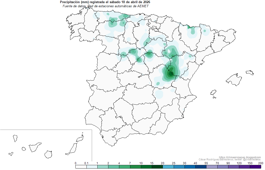 crballesteros's tweet image. #Precipitación registrada ayer sábado 18 de abril. El máximo entre la red de estaciones automáticas de #Aemet se registró en Salvacañete (Cuenca) con 16,8 l/m². #ClimaEnMapas.
climaenmapas.blogspot.com/p/tobs042026.h…