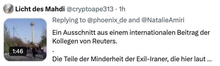 twittalisation's tweet image. Das folgende Konto im Screenshot zeigt exemplarisch, wie regimefreundliche #Propaganda-Profile arbeiten. 
Es taucht in den Kommentaren unter einem Beitrag des öffentlich‑rechtlichen Senders Phoenix @phoenix_de auf.

In Videos aus #Teheran wird ein vermeintlich „normales“