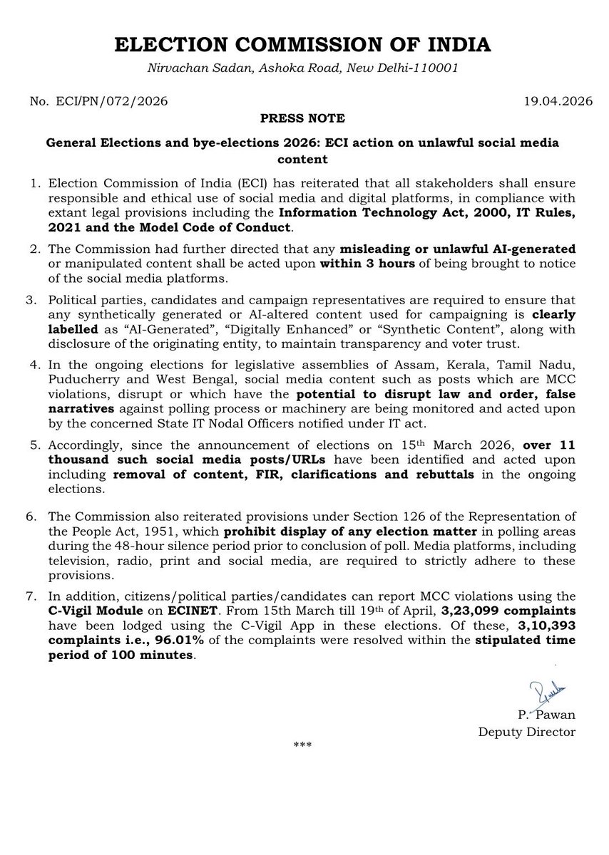 ECISVEEP's tweet photo. General Elections and bye-elections 2026: ECI action on unlawful social media content. 

Read more : https://t.co/qxfYKS6i3D https://t.co/atXNr0zd1T