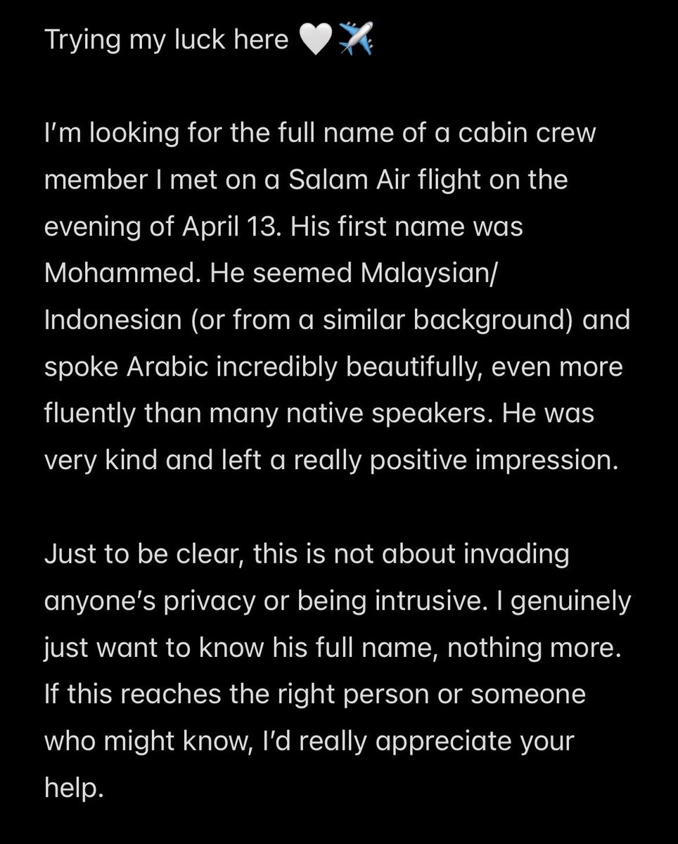 isthisimp's tweet image. #SalamAir #CabinCrew #TravelStory #InFlightExperience #KindPeople #LookingForSomeone #AviationLife 
#FlightCrew #HelpFind #TravelConnections #MissedConnections #DoYourThingInternet #ViralPost #SpreadTheWord
#Oman 
#OmanAirways 

i really really hope someone helps me out. :)