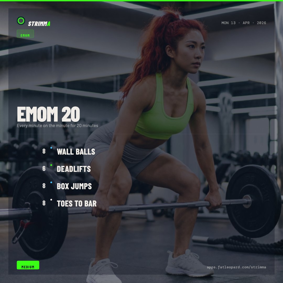 FATLEOPARDx's tweet image. EMOM 20
EMOM · Apr 13, 2026

Every minute on the minute for 20 minutes

• 8  Wall Balls
• 6  Deadlifts
• 8  Box Jumps
• 8  Toes to Bar

🔥 Built with Strimma — bit.ly/47Y5t3i

#WorkoutChallenge #SweatSession #HomeWorkout #GymTime