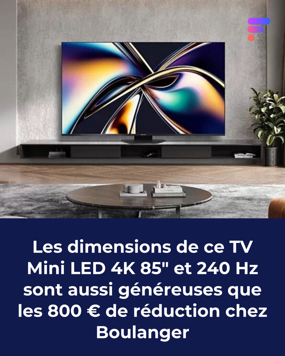 Frandroid's tweet image. Chez Boulanger vous avez un TV 4K MiniLED de 85" avec une image à 240 Hz en promo à -800 € parfait pour le gaming et le sport 🔥#bonplan
👉 l.frandroid.com/ik3