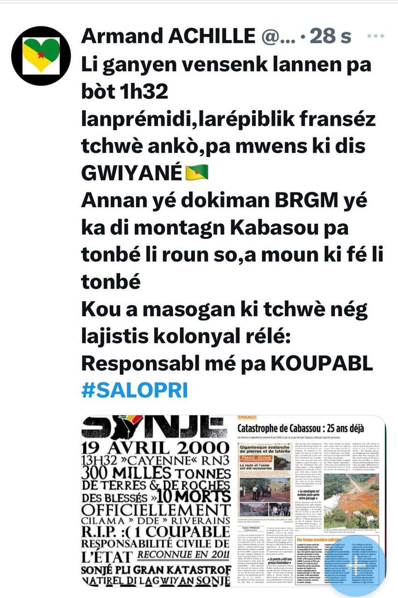 Montagn KABASOU, pa tonbé li ké so kò , a moun ki fè ouben moun ki pa fè , ki édé li mété so kò atè
Kou a masogan ki fé yé tchwè nèg …
Yé di yé résponsabl mé yé pa  koupabl !
26 lannen pita nou toujou annan menm ben yenyen 
#Chanjman
