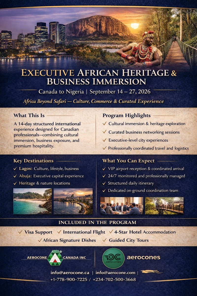 aerocones's tweet image. Africa.
But not the version you’ve seen before.

A curated blend of culture, business, and premium travel—designed for Canadian professionals ready for something different. 

September 14–27, 2026  

#ExecutiveTravel #LuxuryExperience #GlobalProfessionals #AfricaBeyondSafari
