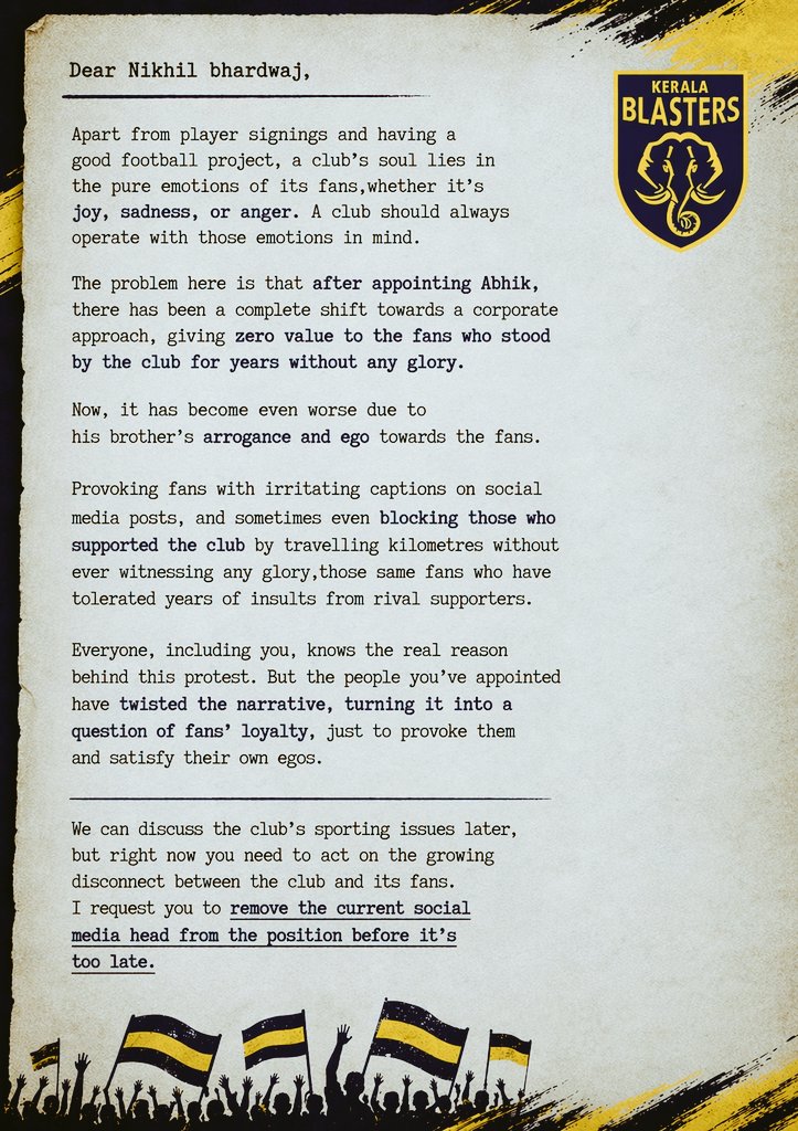 Sri_Rag_'s tweet photo. @NikhilB1818 ,If you truly have any responsibility towards the fans and the club, I kindly request you to read this. This is simply a concern raised by an ordinary fan who has supported the club from the very beginning💛 https://t.co/qSbDZhCMmG