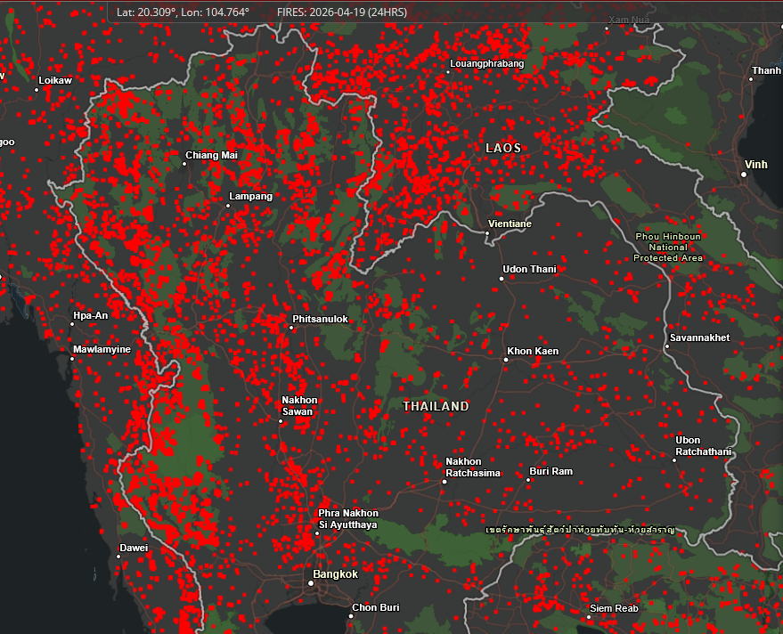 HelmutDuerrast's tweet image. 19 Apr 26   
#FIRES  in #Thailand over last 24 hours (!) and last 7 days (!) as main source of #PM25 #AirPollution outside bigger cities #Bangkok via firms.modaps.eosdis.nasa.gov

&amp;gt;Green=protected areas
&amp;gt;ALL FIRES are man-made
&amp;gt;With CLOUDS less detection      
&amp;gt;A Land on 🔥🔥🔥