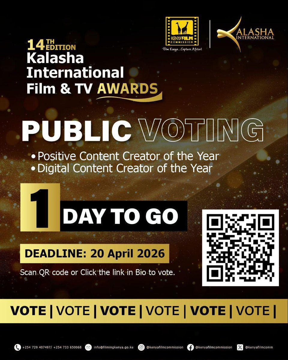 KalashaKenya's tweet photo. Only 1 day left!
The countdown is on for the Digital Content Creators Awards categories.
Vote now via the link: https://t.co/6HvTKsMDq0
Deadline: 20 April 2026
#publicvoting #digitalcreators #14thkalashaawards #Kalasha2026 #KenyaFilmCommission
^ZK https://t.co/e5WtFPSsJB
